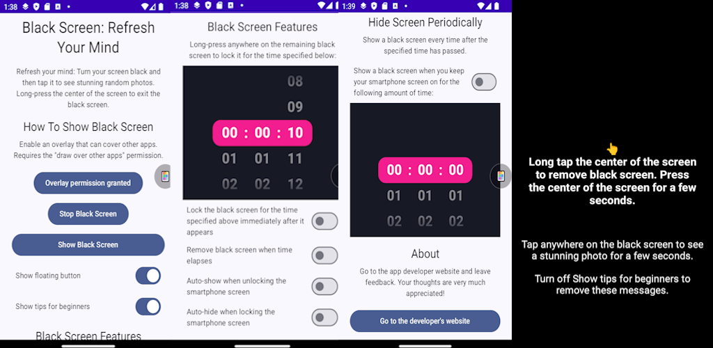 Black Screen Mobile App screenshots showing blackout and photo refresh